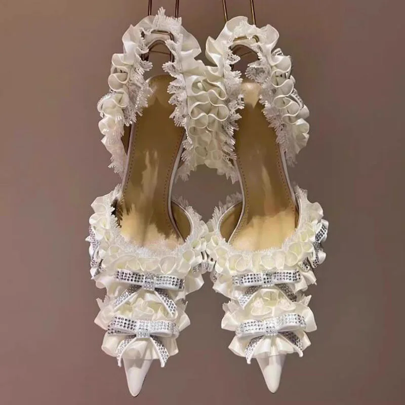 French Style Sweet Ruffles with Crystal Bowtie High Heels Lolita Pumps Pointed Toe Slingbacks Banquet Shoes Woman