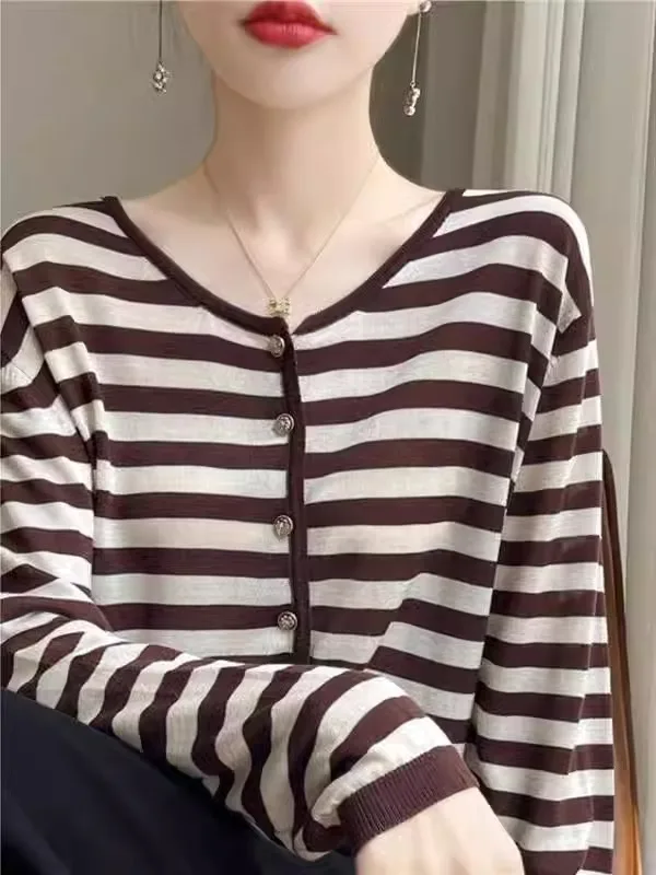 Retro Striped Long Sleeve Knitted Open Cardigan Women's Silk Thin Air Conditioning Sun Protection Outerwear Long Sleeve Cover up