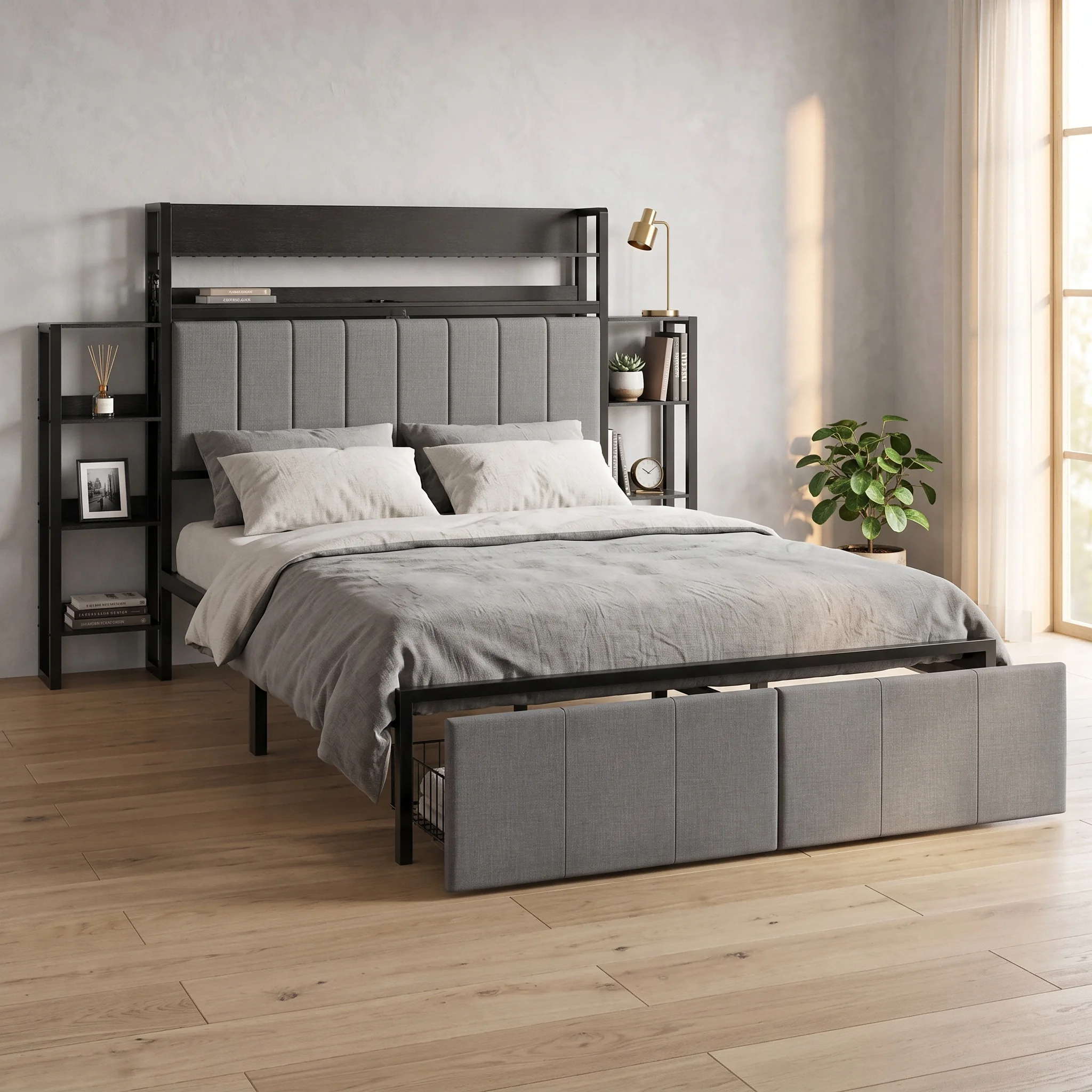 Garveelife Full Size Upholstered Platform Bed Frame with Hidden Headboard Storage – LED Lighting – Built-in Charging Station – Top Shelf – Side Shelves – Pull-Out Footboard Storage – No Box Spring Needed – Black