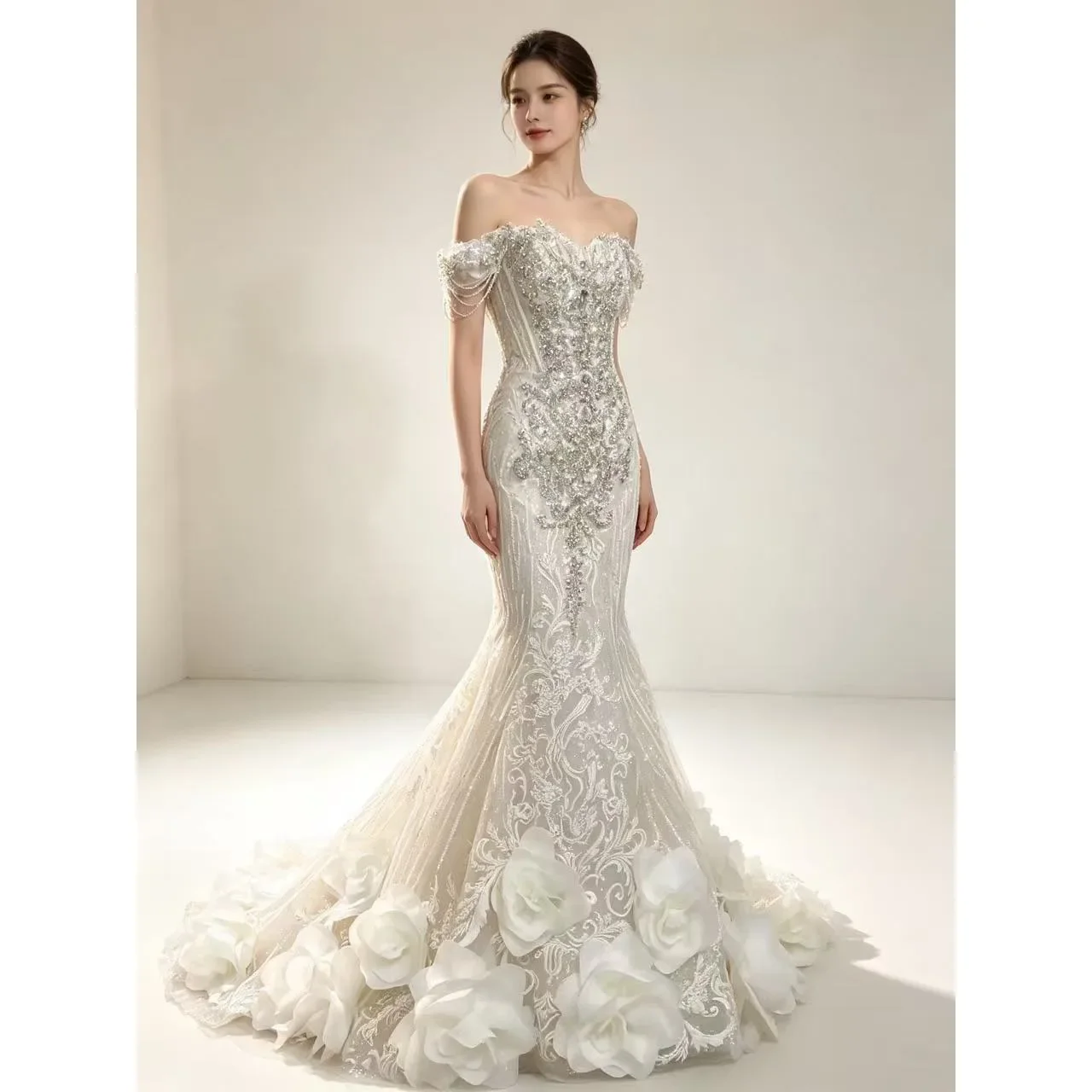 Customized Strapless Mermaid Sleeveless Wedding Dresses Off The Shoulder 3d Flower Beading Crystal Sequins Open Back Bride Gowns