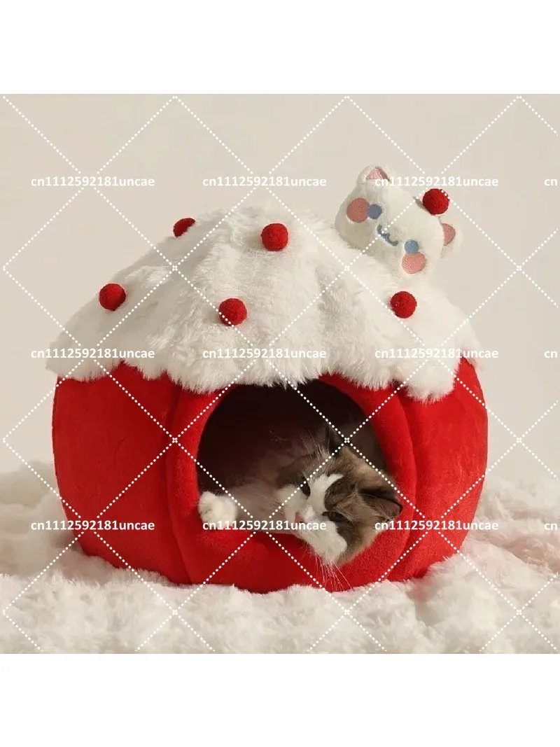 Christmas Cake Shape Cat Bed Plush Cat Cave Winter Warm Pet House Soft Cozy Cat Nest for Cats Under 15lbs
