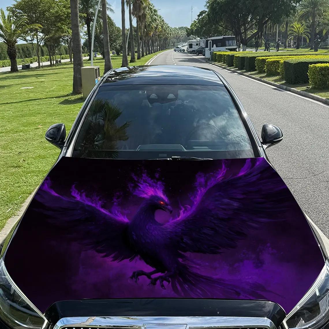 Purple - Flamed Phoenix Car Vinyl Wrap, PVC Material Waterproof Car Hood Sticker, Self-Adhesive Scratch-Resistant Stickers for E