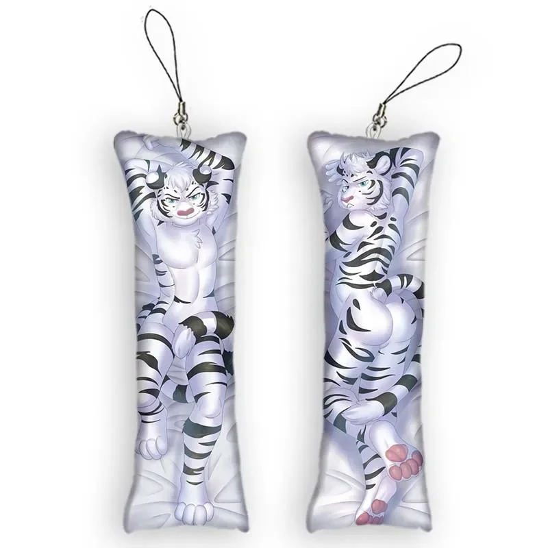 New Fashion White Tiger Furry Mini Dakimakura Keychain Anime Double-Sided Printed Small Pillow Pendant Cute Otaku Keychain Funny