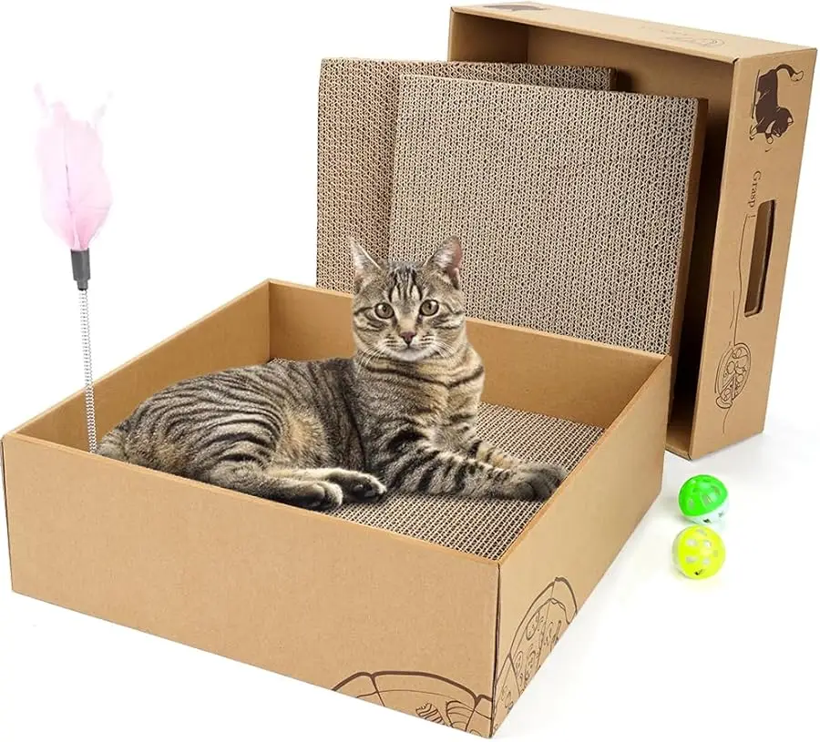 

Cat Scratcher Box with 3 PCS Scratching Pads, Reversible Corrugated Cardboard Lounge Bed with Feather Toy and Balls Recyclable C