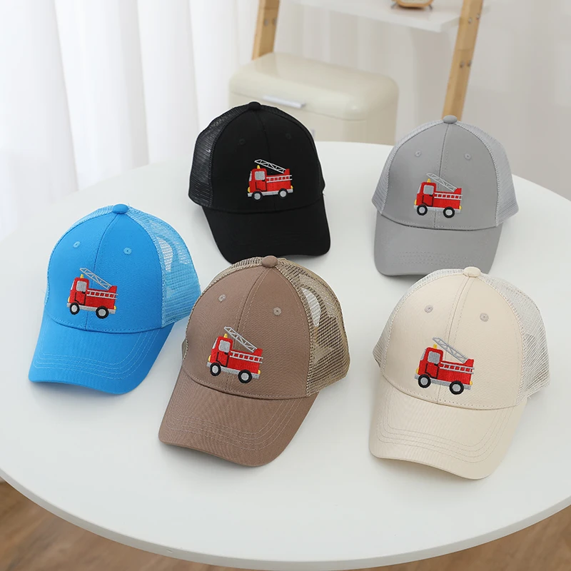 

TUONXYE Summer Boy's Net Baseball Cap Cartoon Adjustable Embroidery Fire Truck Children Breathable Cute Casual Sunhat