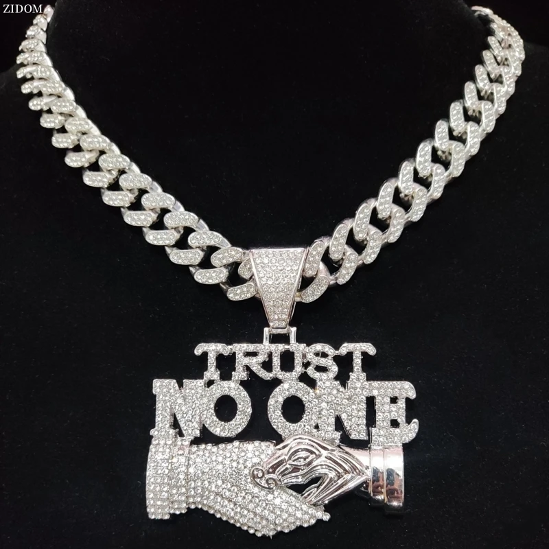 Men Women Hip Hop Trust no one Pendant Necklace with13mm Cuban Chain Hiphop Iced out pendant Necklaces Fashion Punk Jewelry Gift