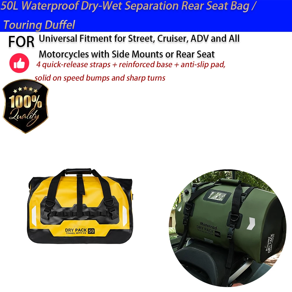 For Motorcycle 50L Waterproof Tail Bag Touring Duffel Dry-Wet Separation Full Face No-Drill Accesorios Moto