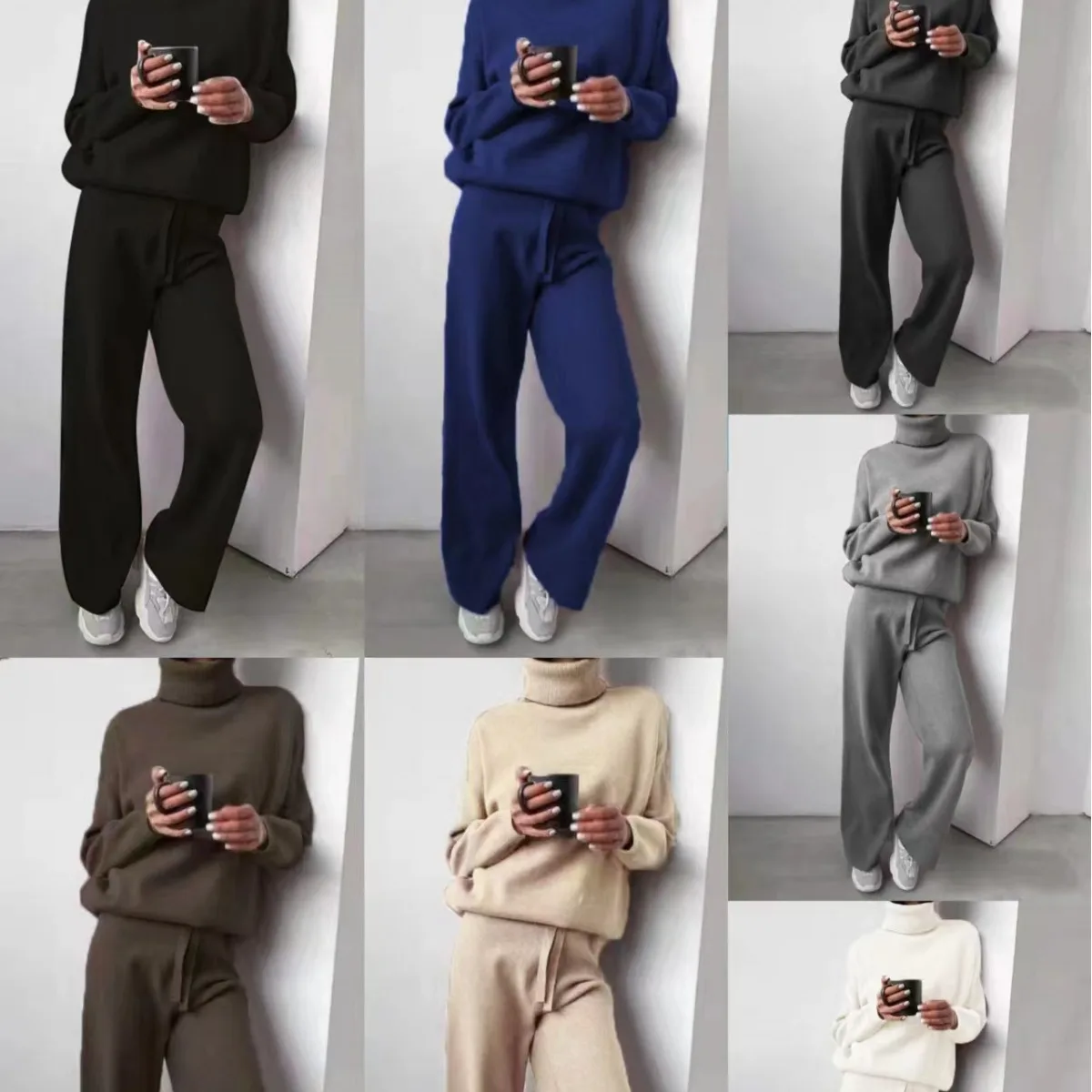 2025 Turtleneck Sweater Set Women\'s European, American Autumn And Winter New Loose Casual Office Thickened Knitted Trousers Sets