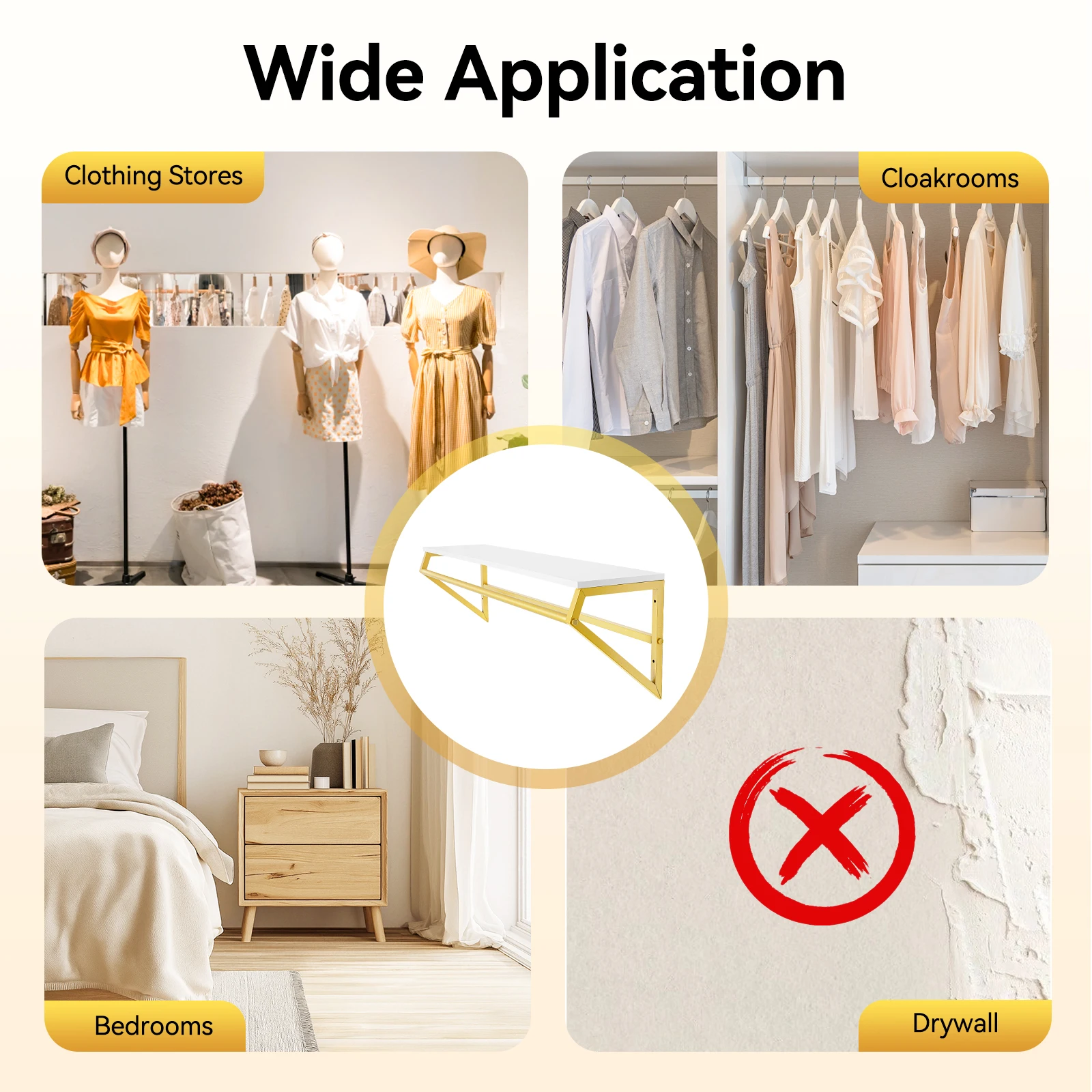 رف ملابس مع رف علوي، رف ملابس مستطيل مثبت على الحائط، رف ملابس معلق بسعة تحميل 30 كجم