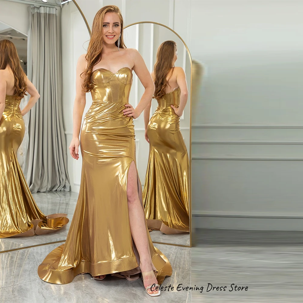 반짝이는 인어공주 스타일의 스윗하트 이브닝 드레스, 민소매 맞춤형 새틴 프롬 드레스, 패션 스윕 트레인 맞춤 제작 특별 행사 가운