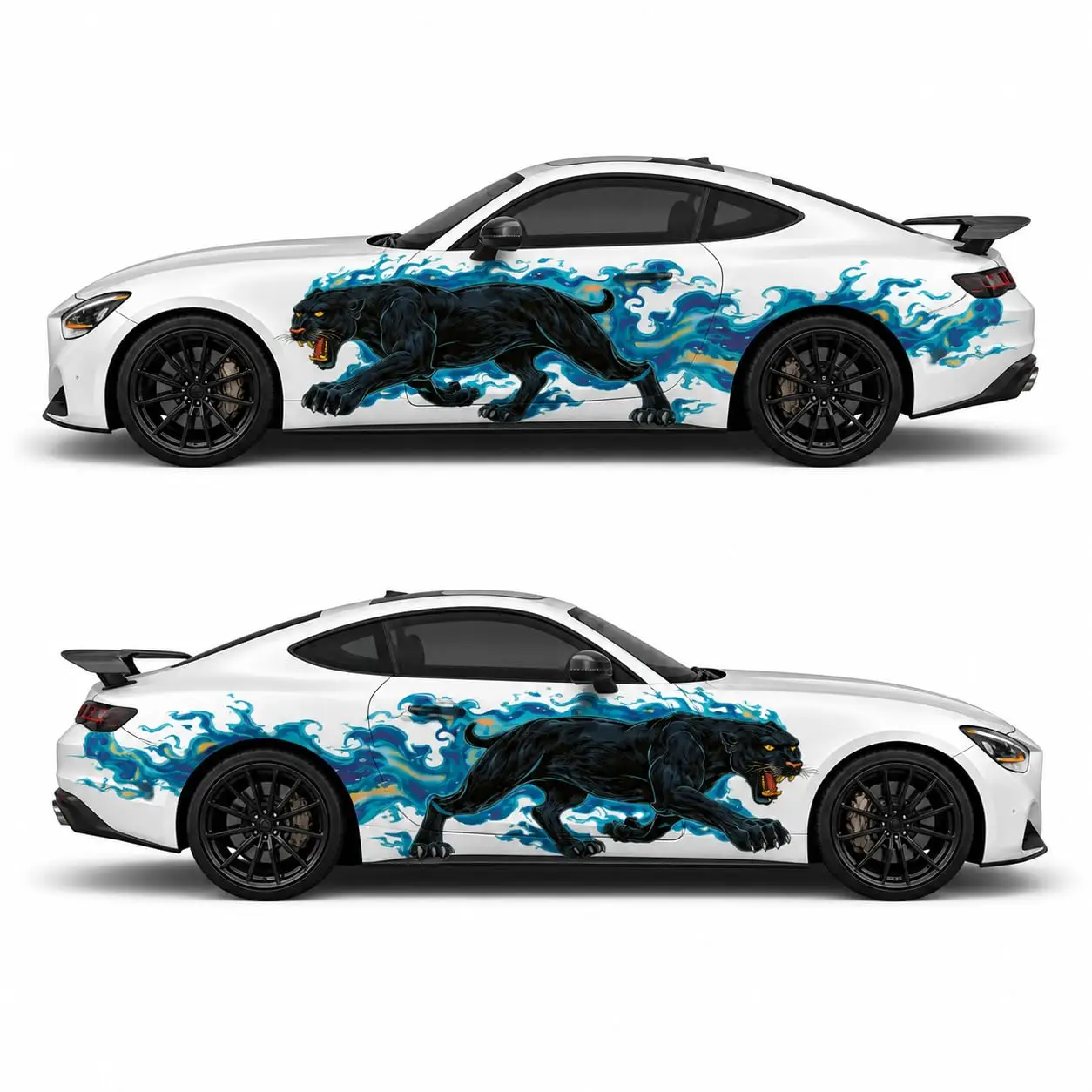 Black Panther Blue Flame Car Side Vinyl Wrap Decal Sticker