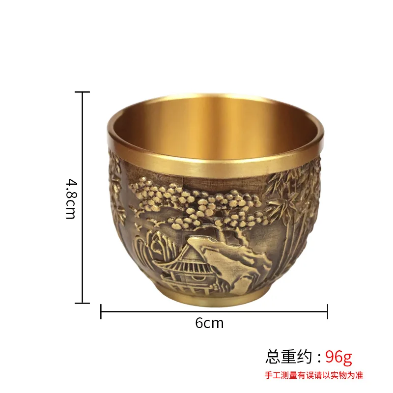 Brass Relief Landscape Cup Vintage Thousand Miles of Rivers and Mountains Cup Ornament for Worshiping God of Wealth Buddha Cup W