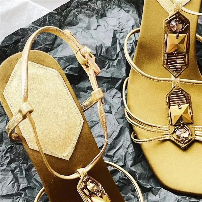 Fashion Gold Women Sandals Rhinestone High Heel Dress Shoes Woman Straps Gladiator Sandal Retro Square Toe Women Pumps