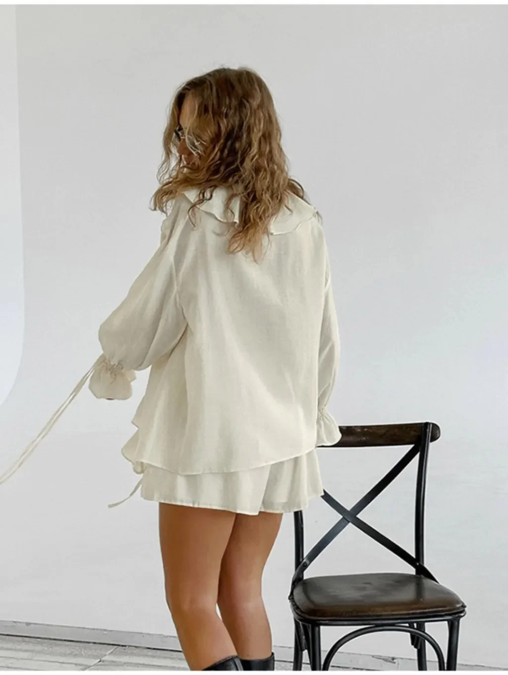 Ensemble deux pièces en mousseline de soie pour femmes, short à volants, manches évasées à lacets, élégant, décontracté, Vintage, ensemble assorti