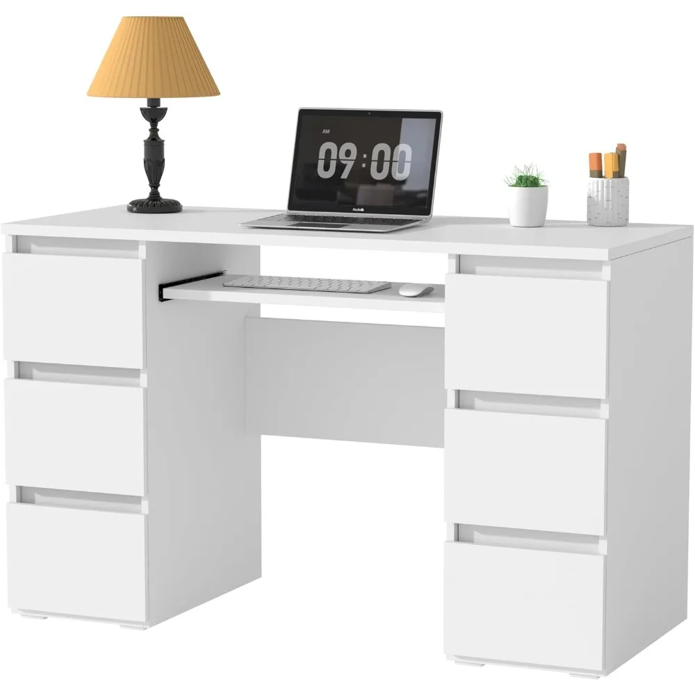 

Компьютерный стол с 6 ящиками, 47-дюймовый стол для домашнего офиса с полкой для хранения и клавиатуры, белые игровые столы, деревянные туалетные столики для кровати