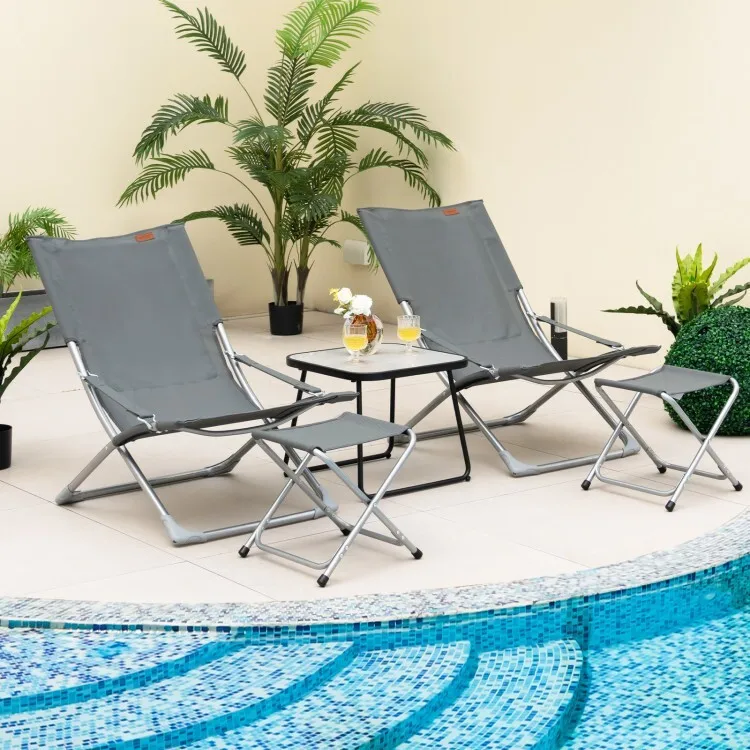 5PCS Outdoor Sling Chair Set Folding Lounge Chairs With Footrests & Coffee Table