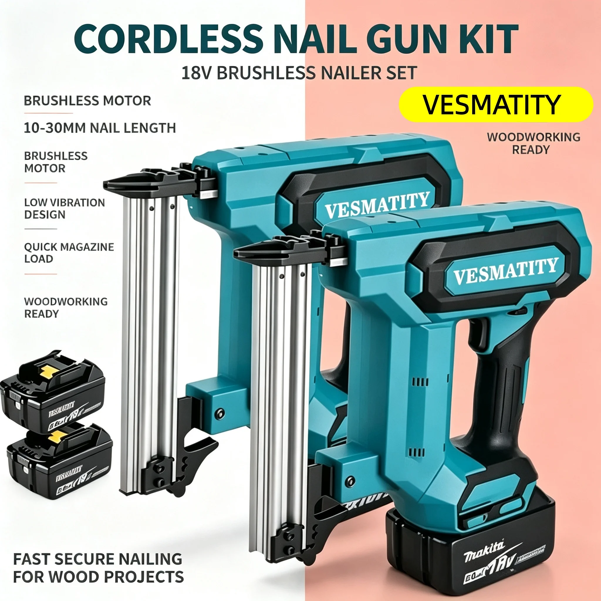 Nail Gun VESMATITY Cordless 100-Nail Capacity Heavy Duty for Flooring Shelving and Wood Projects for 18V-20V Battery