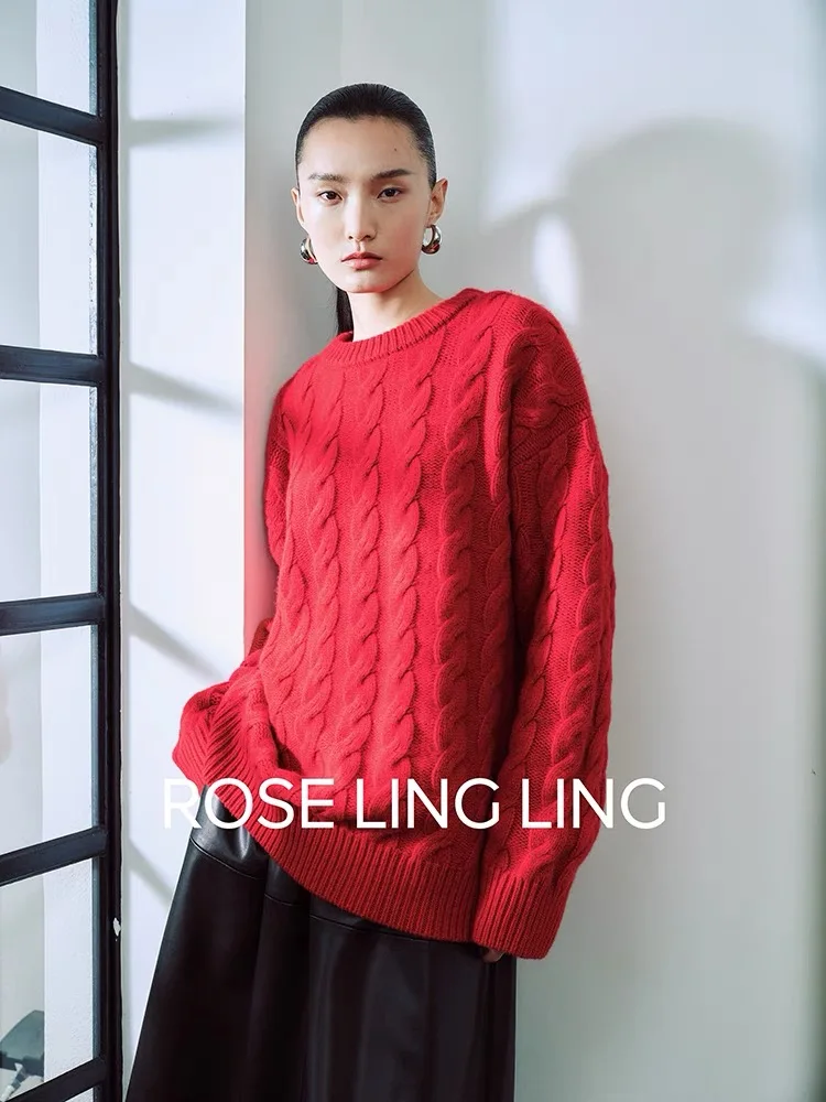 2023 New Autumn and winter O-Neck cashmere sweater women  loose Cashmere fried dough twist sweater thick Cashmere sweater women