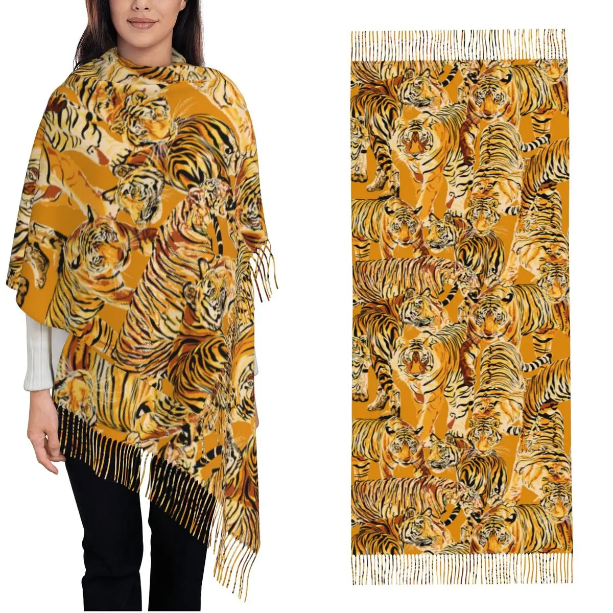 Womens Scarf with Tassel Cool Tiger Print Long Winter Fall Shawl and Wrap Gifts Pashmina Scarves