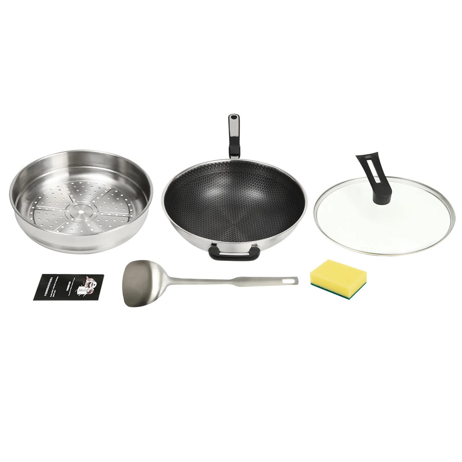 Padella Wok antiaderente a nido d'ape in acciaio inossidabile 304 con coperchio in vetro e pentola a vapore