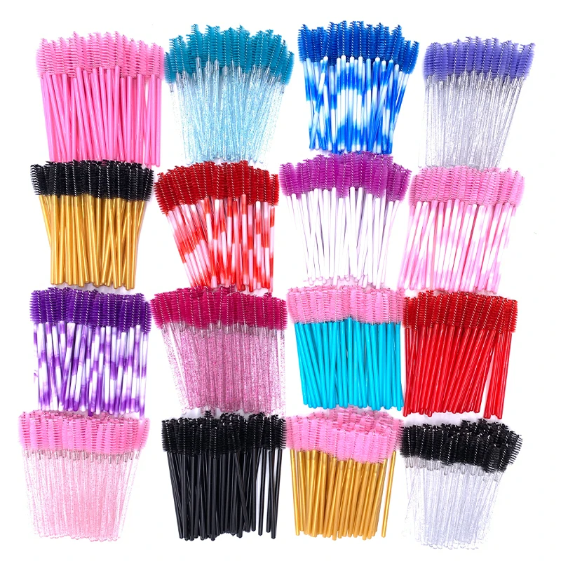 50 Pcs Shiny Crystal Eyelash Applicator Disposable Diamond Handle Nylon Mascara Wands Spoolies Pink Brushes