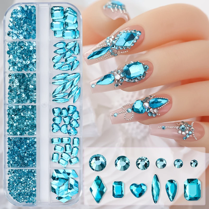 12 Grids Hot Selling Rhinestones Nail Art Charms 3D Set Multi-shapes Colorful Flatback Diamonds Nail Decoration DIY Nail Parts