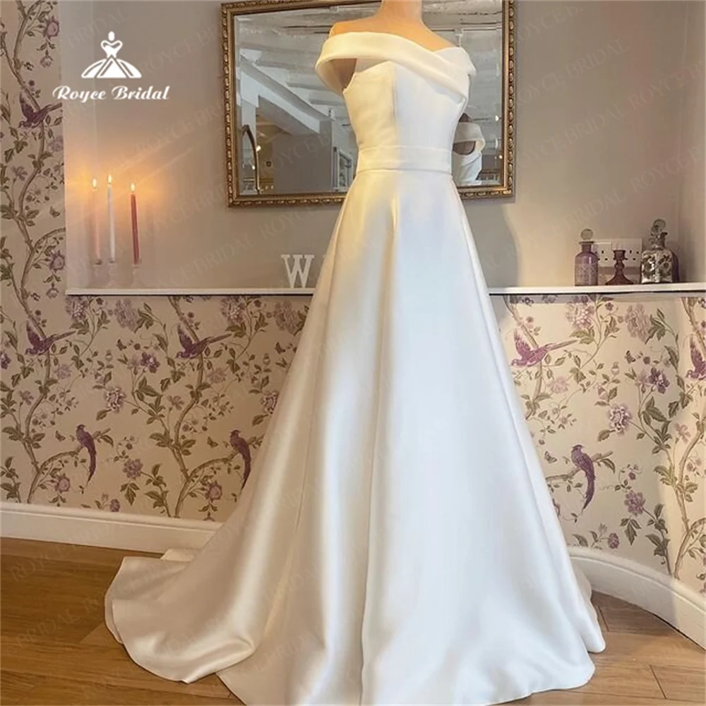 فستان زفاف من الساتان على الكتف من Roycebridal ، خط ، قطار المحكمة ، ثوب الزفاف ، من Roycebridal