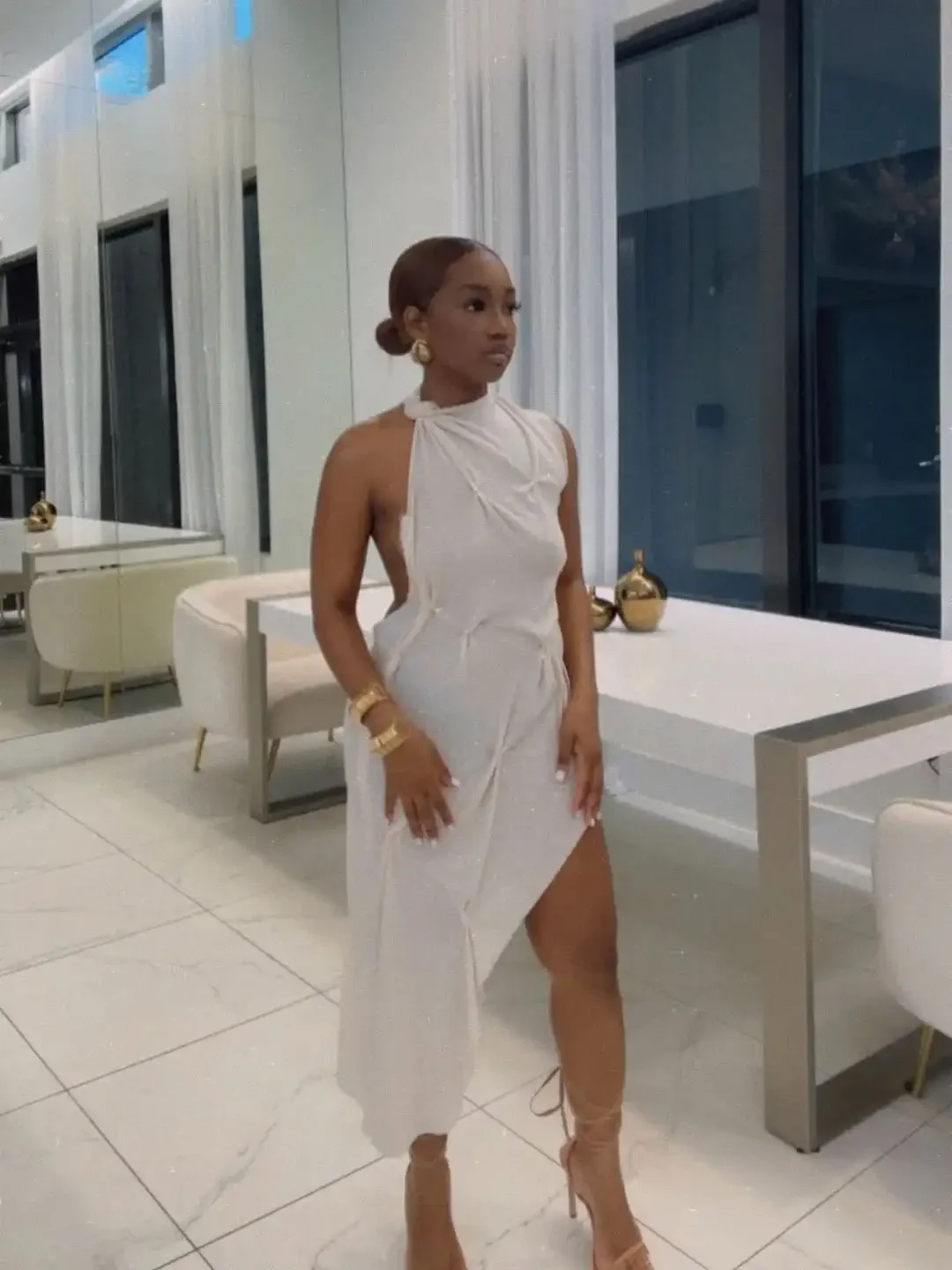 Elegant Solid Sleeveless Midi Dress Fashion Draped High Neck Waist Cinched Dresses 2026 Summer New Lady Evening Party Gowns