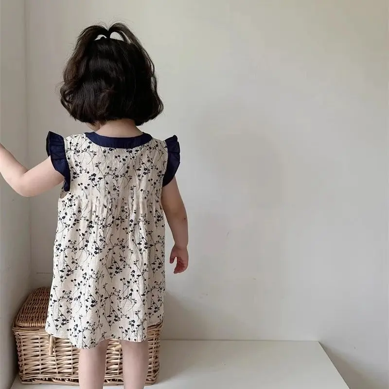 فستان صيفي بزهور للفتيات ، فستان صيفي قطني ، بدون أكمام ، قميص داخلي ، تنورة ، 2 طن ، 3 طن ، 4 طن ، 5 طن ، 6 طن ، 7 طن ، جديد