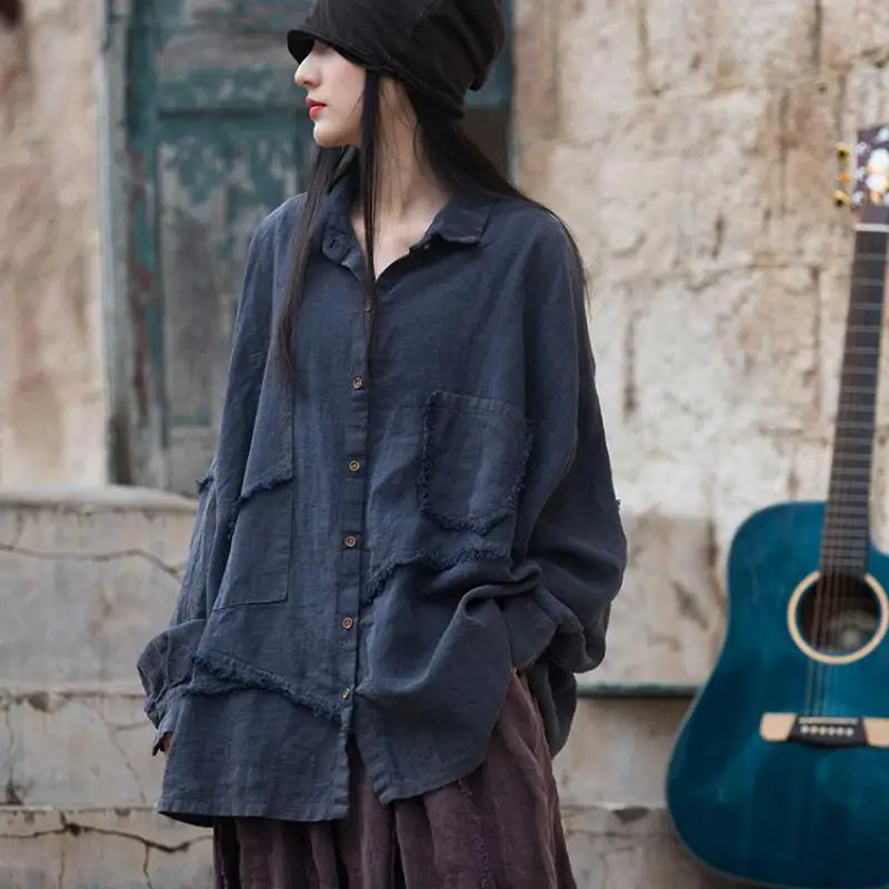 

Весна 2024, новый художественный стиль, женские свободные повседневные рубашки с рукавами «летучая мышь», лоскутный дизайн, хлопково-льняная винтажная длинная рубашка, пальто B128