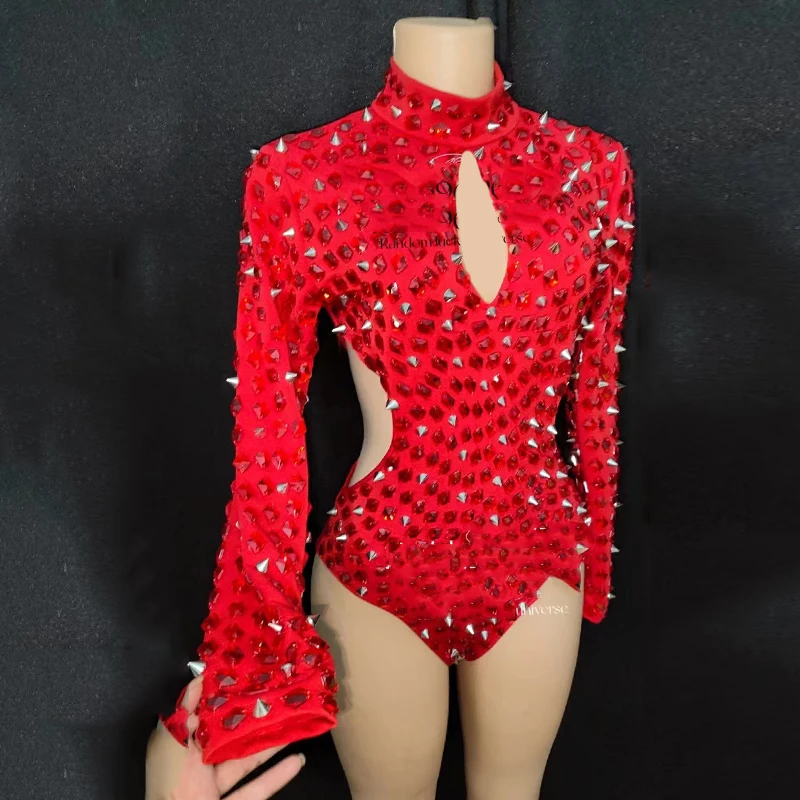 Red Rhinestones Bodysuit Sexy Hollow Out Rivet Jumpsuit Singer Stage Costume Gogo Dance Clothing Dj Ds Rave Outfit VDB7113