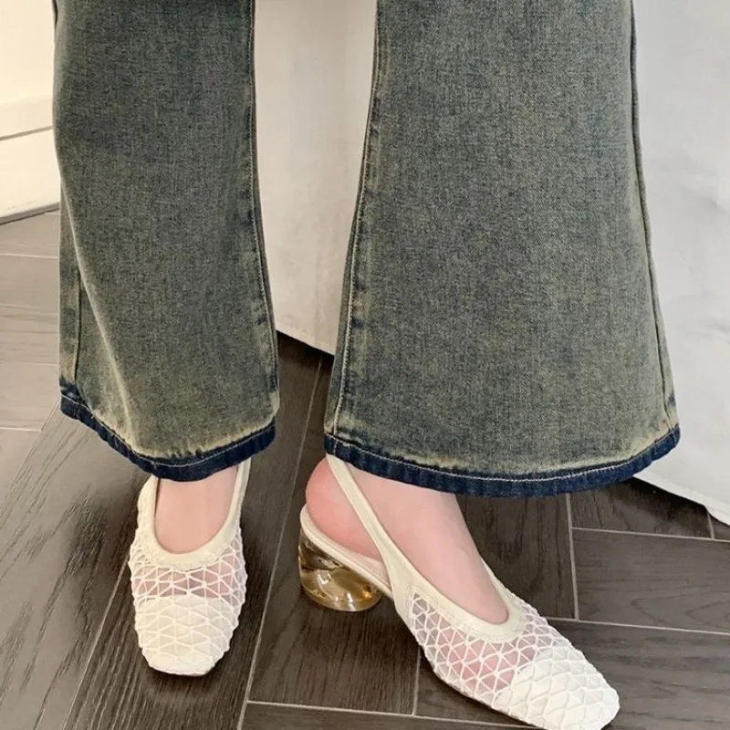 

New Niche Design Square-toed Woven Flip-top Sandals for Women, Fashionable and Elegant, Coarse-heeled Mesh Hollowed-out Sandals