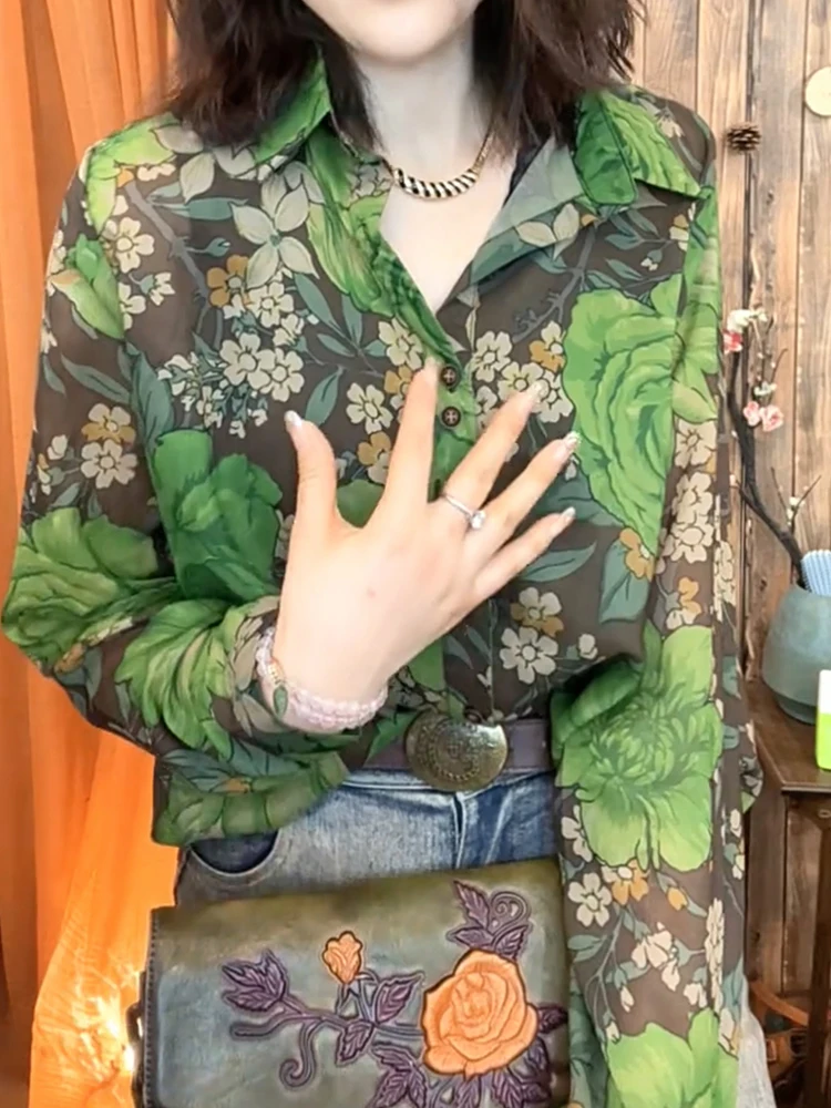 

Spring 2025 Large Size Retro Fashion Green Anti-Aging Loose Casual Floral Shirt Women's Top Vintage Style Long Sleeve Casual ...