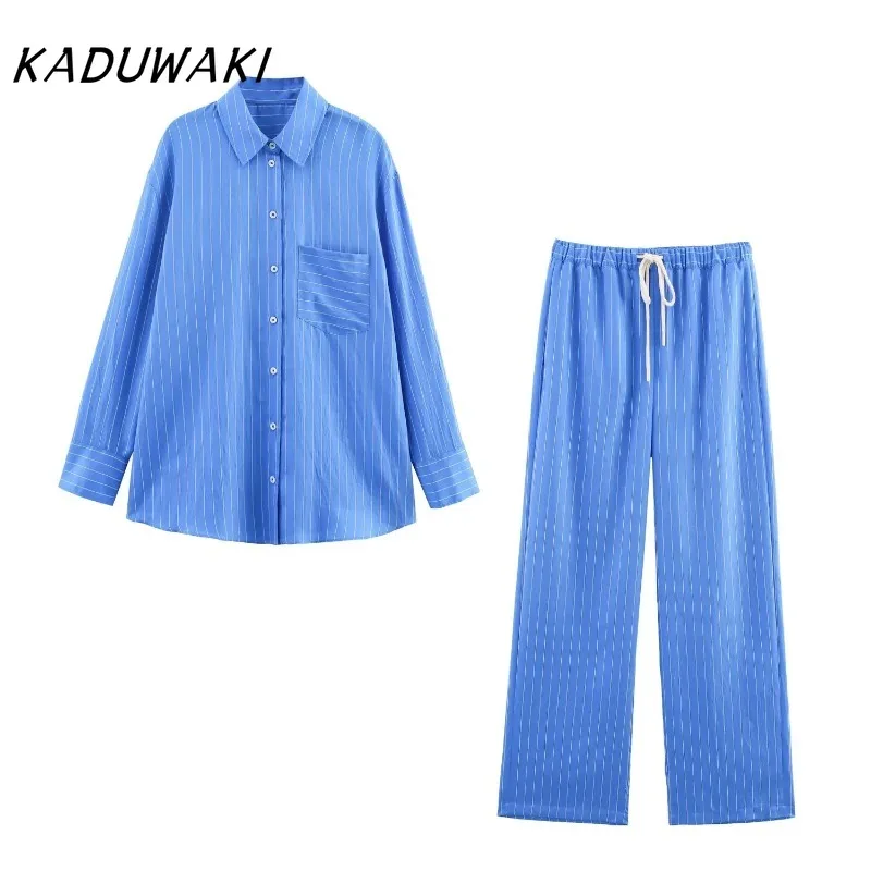 

KADUWAKI Striped Trouser Suit Turn-down Collar Long Sleeve Single-breasted Slim Shirt High Waist Drawstring Loose Long Pant 2pcs
