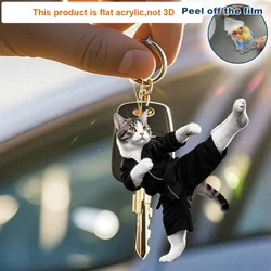 Taekwondo Cat Pendant Keychain,Dressed Kitten 2D Flat Acrylic Ornament Charm,Hanging Decoration for Car,Bags,Festive,Party,Gift