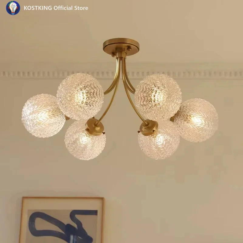 Modern luxury LED chandelier all copper glass ball suspension for living room dining room bedroom ceiling light house