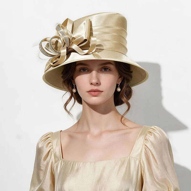 Women's Wide Brim Purple Wedding Church Hat Cap with Flower Rhinestone Flat Top Sun Visor Hats Formal Tea Party Dress Cocktail