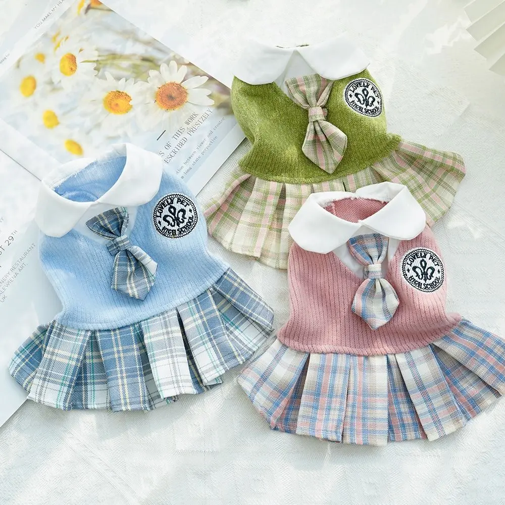 

Thicken Kawaii Pet JK Plaid Skirt Comfortable Design Knitted Cat Clothes Small Medium Size College Style Dog Dress Pet Supplies