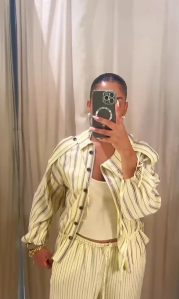 Yellow Striped Shirt With High Collar And Drawstring Lantern Sleeves, Waist Button Design Shoulder Drawstring Casual Jacket