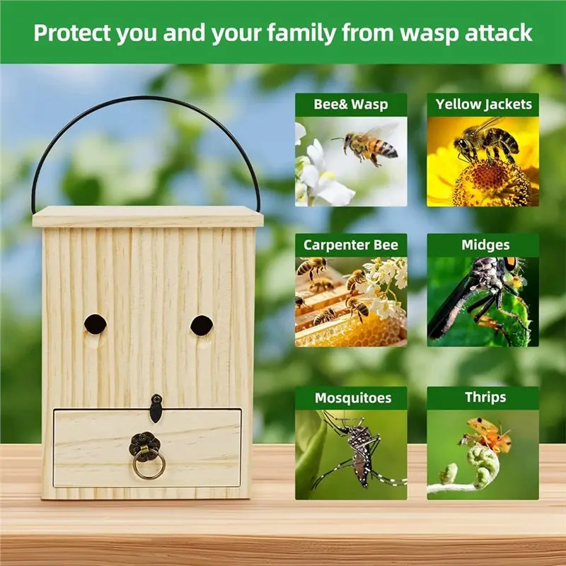 Retail Carpenter Bee Traps For Outside,Durable Weather-Resistant Eco-Friendly Wooden Wasp Trap For Outdoor Use