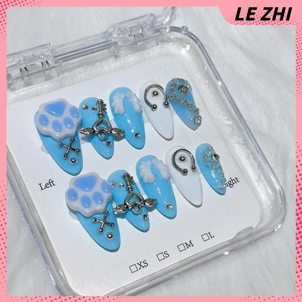 Stiletto Punk False Nails Cute Cat Claw Metal Chain Design Y2K Spicy Girl Rhinestone Fully Covered Press On Nails