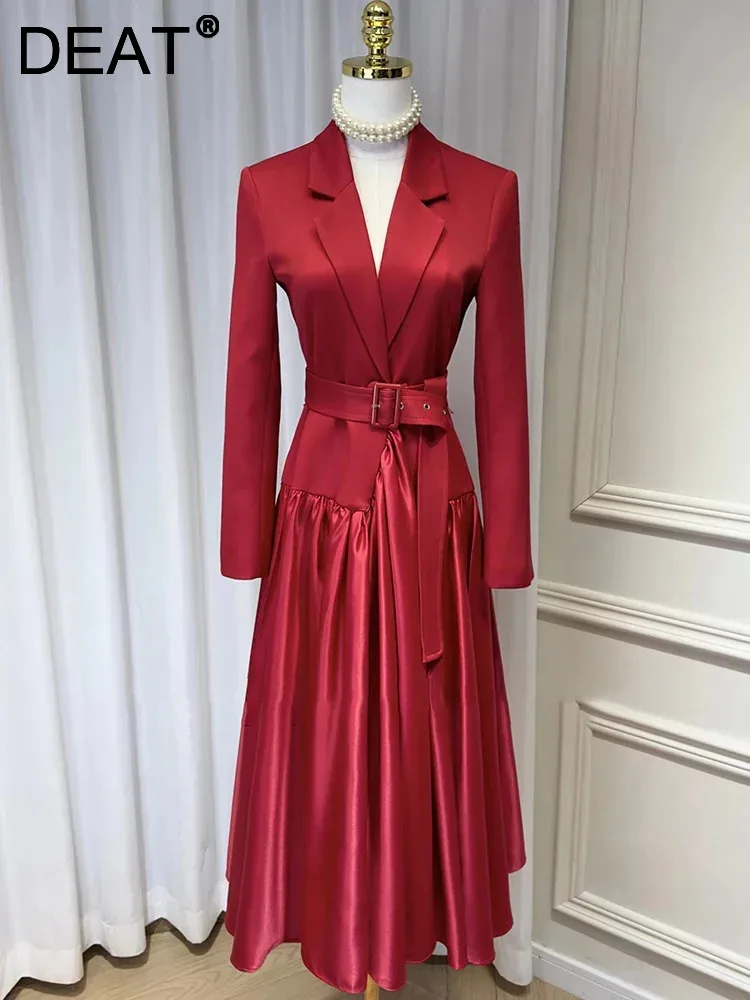 DEAT 2024 Autumn Women\'s Dress Notched Long Sleeve Belt Waist Satin Pleated Patchwork Split Female Dresses New Fashion 15C600