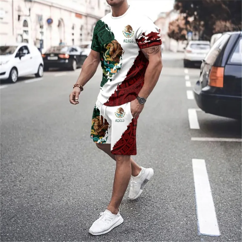 

Мужской комплект футболок с 3D принтом, национальный флаг Мексики, мужская и женская футболка с круглым вырезом, шорты, комплект из двух предметов, повседневная мужская одежда больших размеров