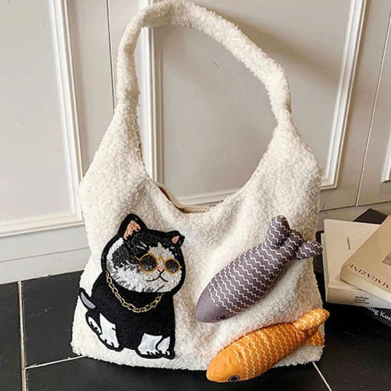 

Cat Fish Pattern Plush Simple Handbag Cute Cartoon Retro Shoulder Bag Casual Commuting Bag Magnetic Buckle Underarm Bag Tote Bag