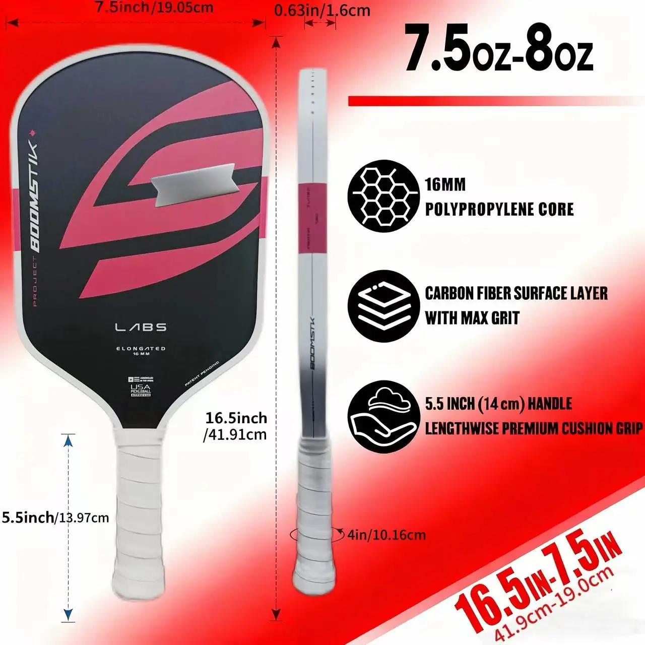 USAPA Approved 16mm Pickleball Paddle LABS Project Boomstk Elongated Boom Core Racket Pure Foam for Power And Spin