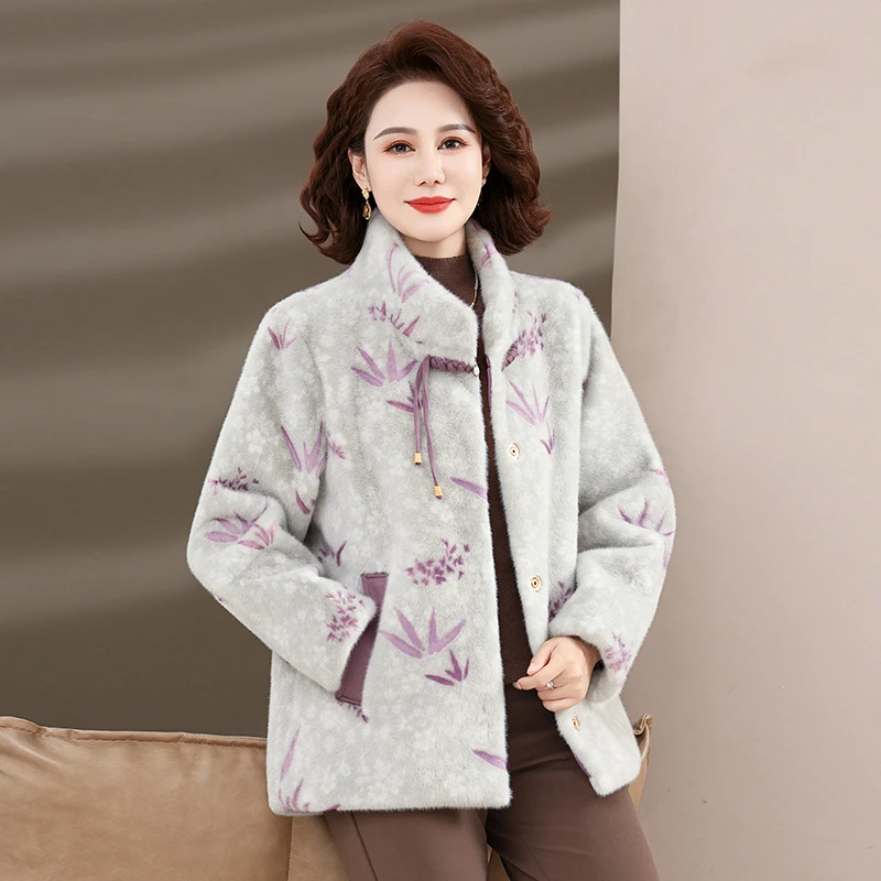 Jacken für Frauen 2025, Herbst und Winter, verdickt, Stehkragen, mittleres Alter, Mutter, warmer Mantel, Kunstpelzmantel, Jacke, Damen-Druckmantel