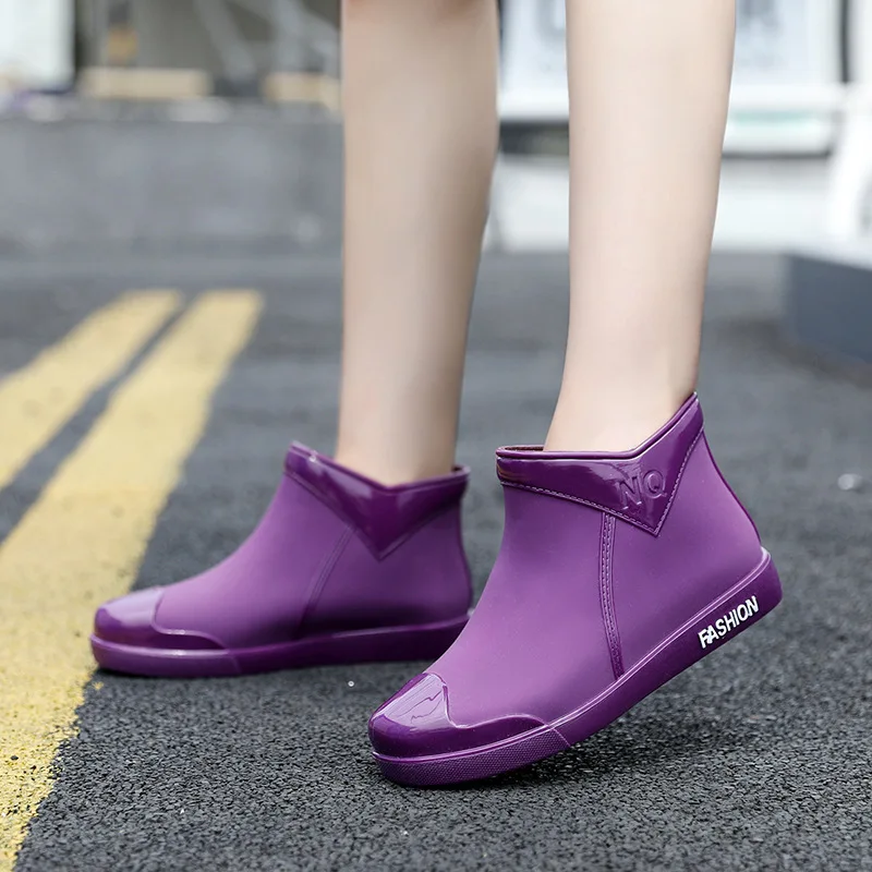 

New Women Rain Boots Solid Color Short Tube PVC Waterproof Shoes Thick Bottom Flats Rubber Rain Shoes