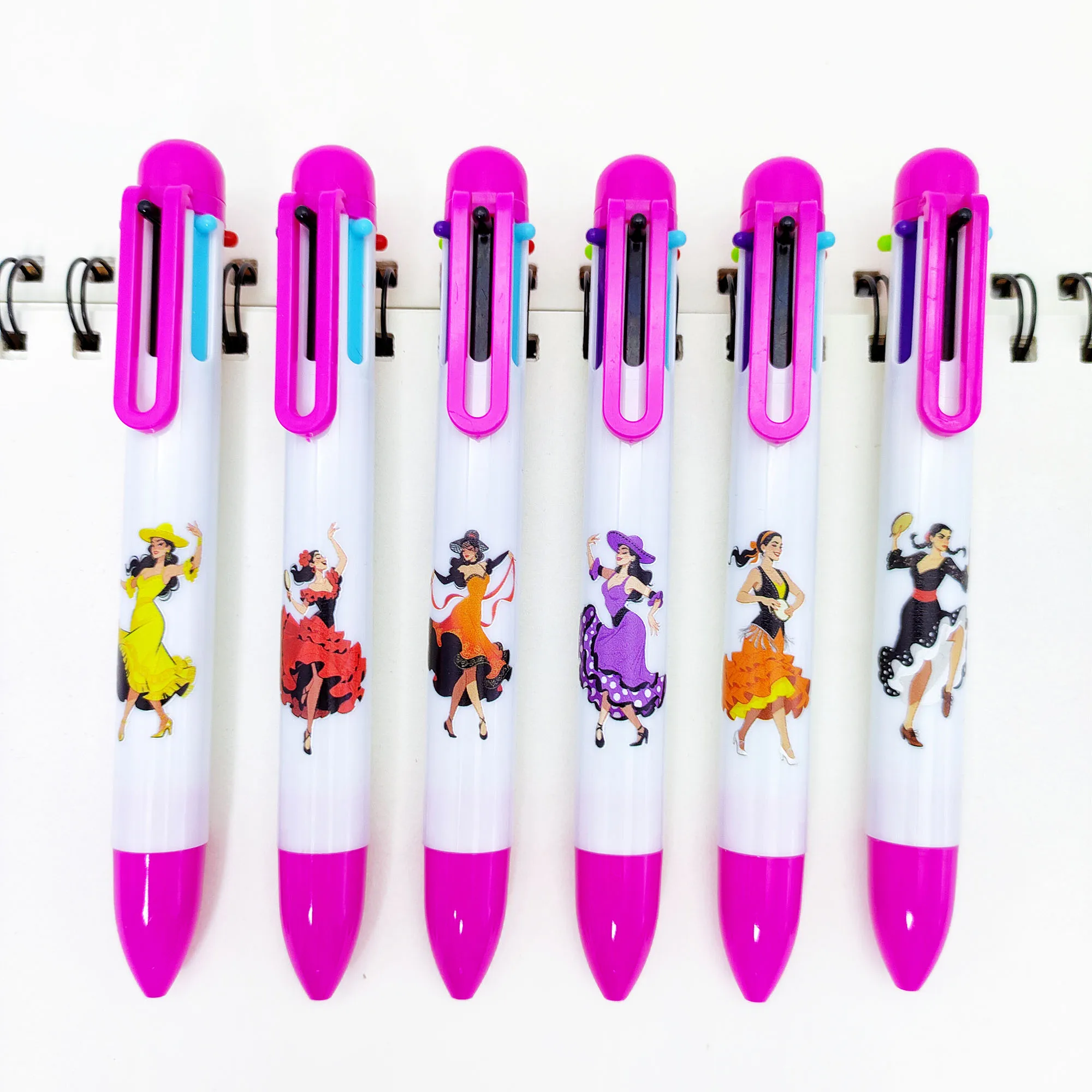 

6 шт./12 шт. многоцветная ручка на тему танца фламенко, танцевальная рима, испанская шесть в одном метке, разноцветная шариковая ручка.
