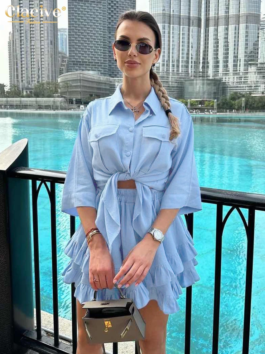 Clacive Fashion Loose White Skirt Sets For Women 2 Pieces Elegant Half Sleeve Shirts With High Waist Pleated Mini Skirts Set