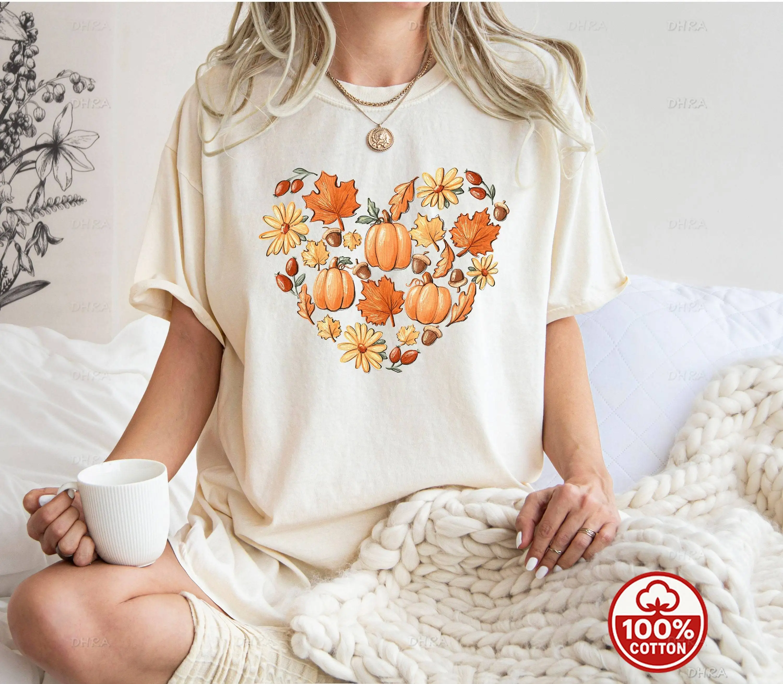 Fall Pumpkin Heart T-Shirt Autumn Leaves Flowers Acorn Thanksgiving Graphic Tee Unisex Cotton Top